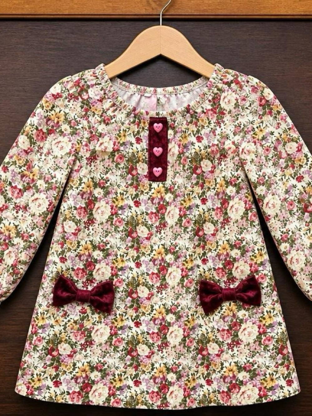 Gurlybird Floral Dress Size 4 Burgundy Velvet Bow Long Sleeve Boutique Girls
